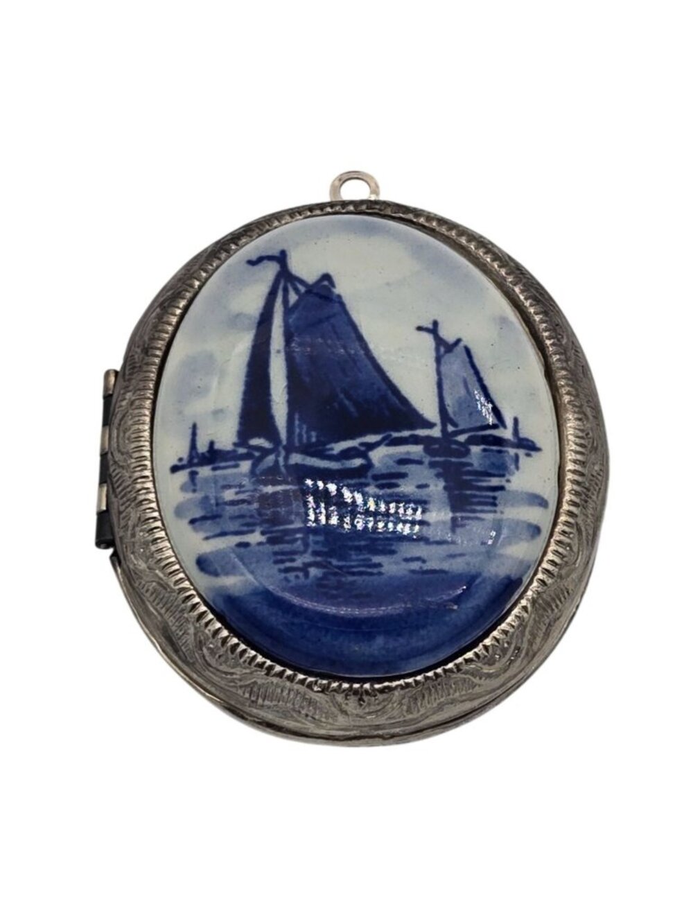 DELFT Blue Handpainted Holland Silver Tone Ceramic Locket With Windmill Design
